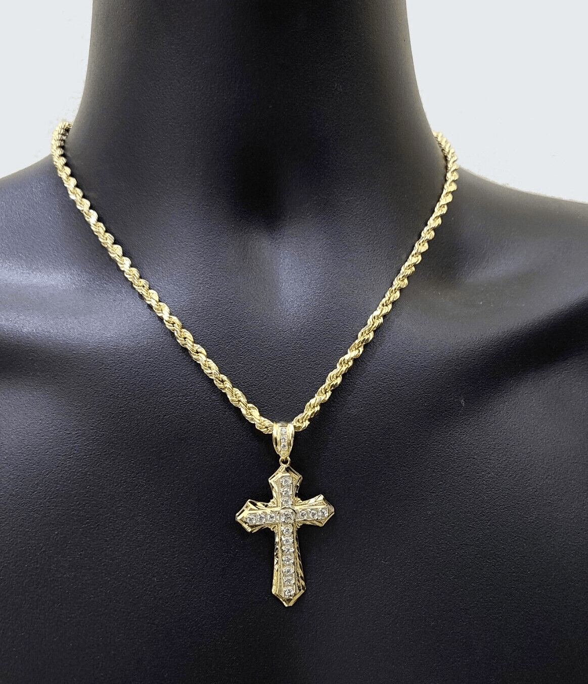 Real 10k Yellow Gold Cross Charm Rope Chain Necklace 4mm 22'' Pendant 10kt Jesus - GoldenlinQ